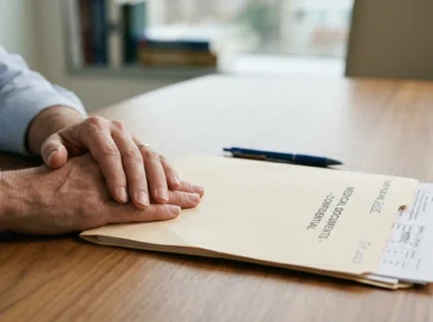 Parent reviewing medical documents at a table in soft light — neonatal wrongful death legal guide