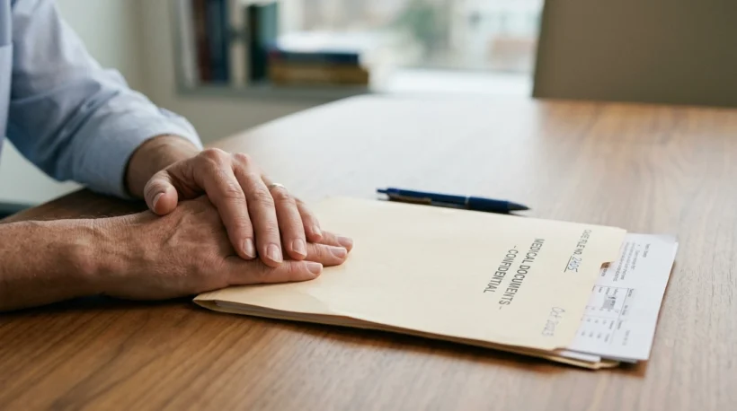 Parent reviewing medical documents at a table in soft light — neonatal wrongful death legal guide