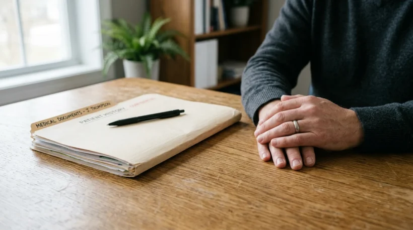 Medical documents and adult hands, representing the legal process in an infant wrongful death case.