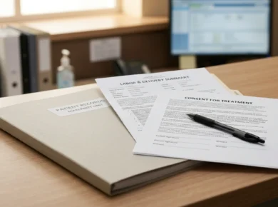 Medical records and consent documents on a desk, representing the documentation reviewed in uterine rupture malpractice claims.