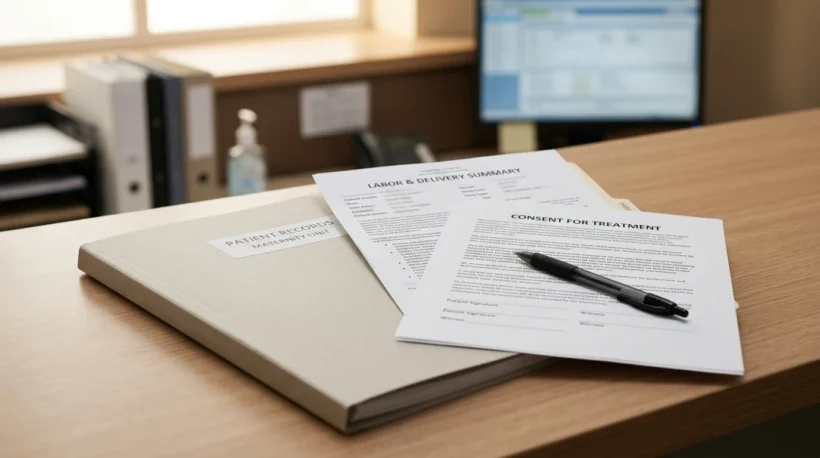 Medical records and consent documents on a desk, representing the documentation reviewed in uterine rupture malpractice claims.