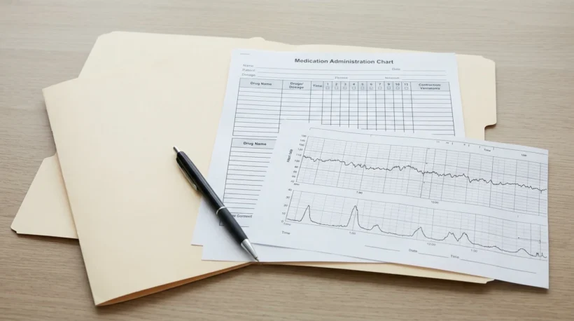 Medical records and fetal monitoring documentation on a neutral background, representing the review process in a birth injury case.