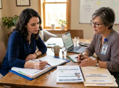 A parent reviews medical records and a life care plan document with a professional advisor, representing the process of evaluating a birth injury case.