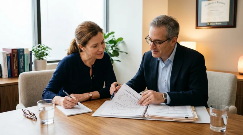 Parent reviewing medical records with a professional during an Erb's palsy case consultation