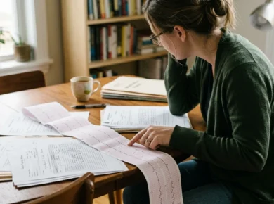 Parent reviewing labor and delivery medical records at a table, considering questions about a difficult birth.