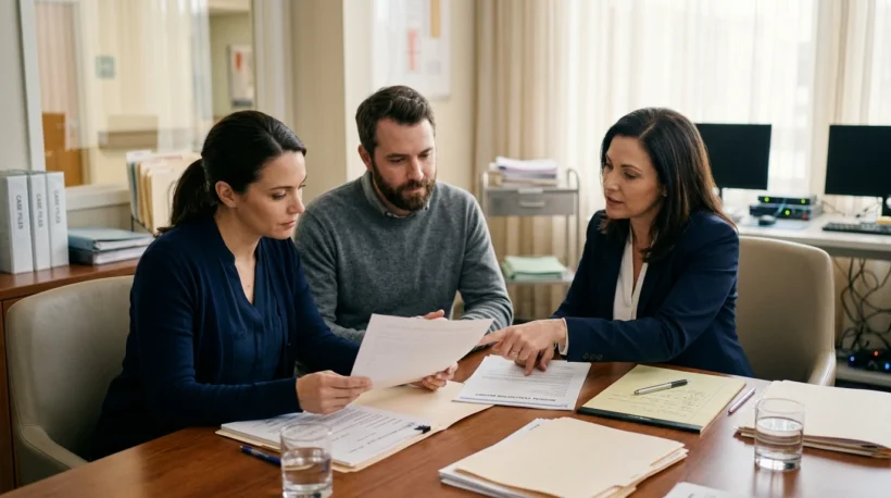 Parents reviewing fetal monitoring records and delivery timeline documents with a birth injury attorney.